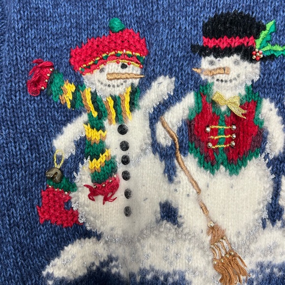 MARISA CHRISTINA VINTAGE CHRISTMAS SWEATER BLUE WITH THREEE SNOWMAN EMBROIDERED - Picture 3 of 7